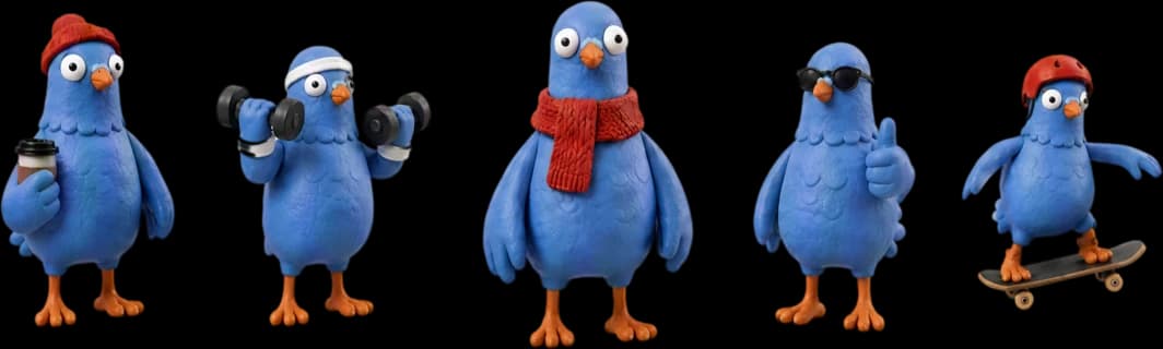 Five Kipp mascots side by side: pigeons holding coffee, lifting weights, wearing a scarf, giving a thumbs up and riding a skateboard