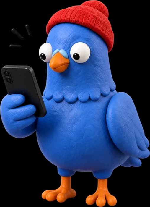 Kipp mascot in a red beanie, looking at the phone in its hand
