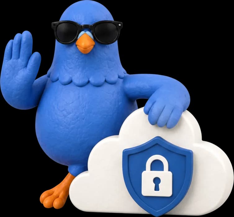 Kipp mascot in sunglasses holding up a stop gesture beside a cloud with a padlock shield